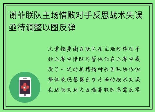 谢菲联队主场惜败对手反思战术失误亟待调整以图反弹